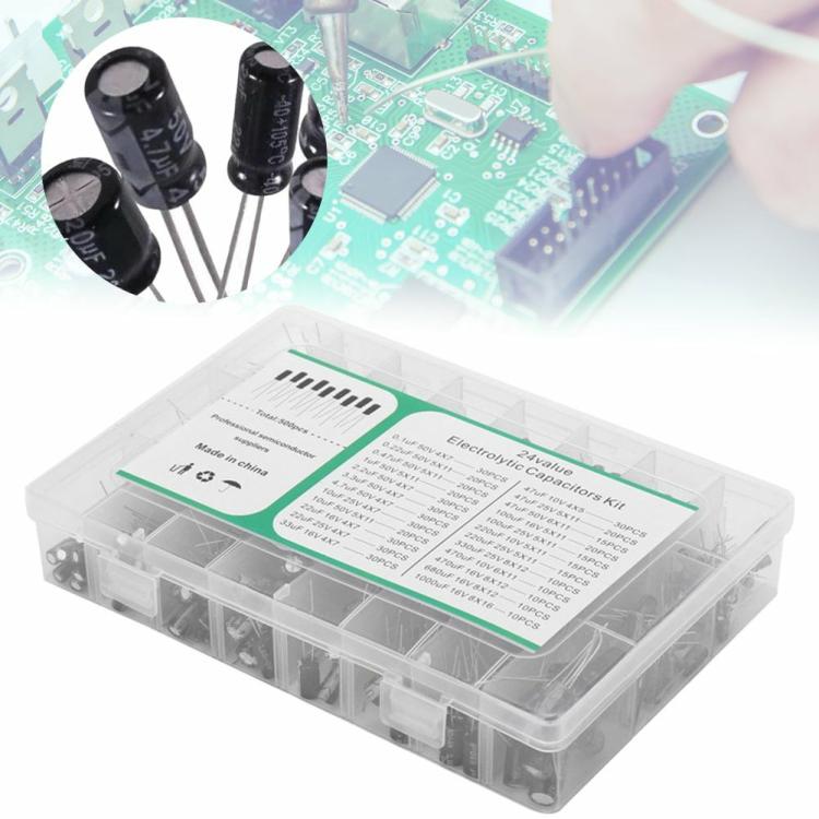 500 Pcs 24 Values 16V-50V 0.1uF-1000uF Electrolytic Capacitor Assortment Box Kit  |  Electronic Components KIT Electronic Components & Supplies Electronic Components KIT